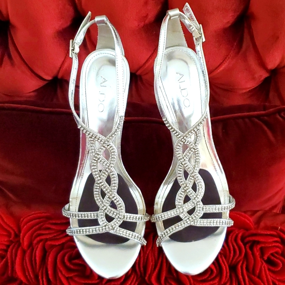 🔥ALDO Silver Rhinestone Stiletto Heels 8.5 Strappy 4” Heel Glam Evening Shoes